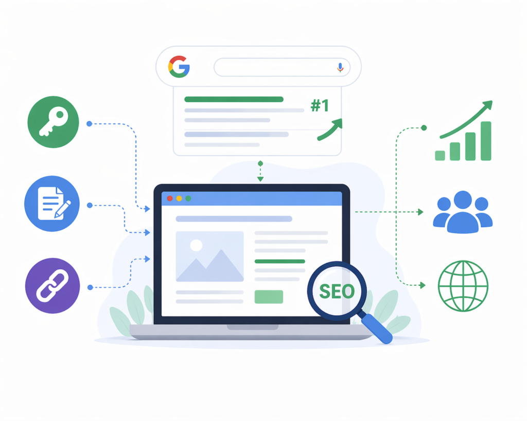 SEO optimization concept showing Google search ranking, keywords, content, and backlinks improving website traffic