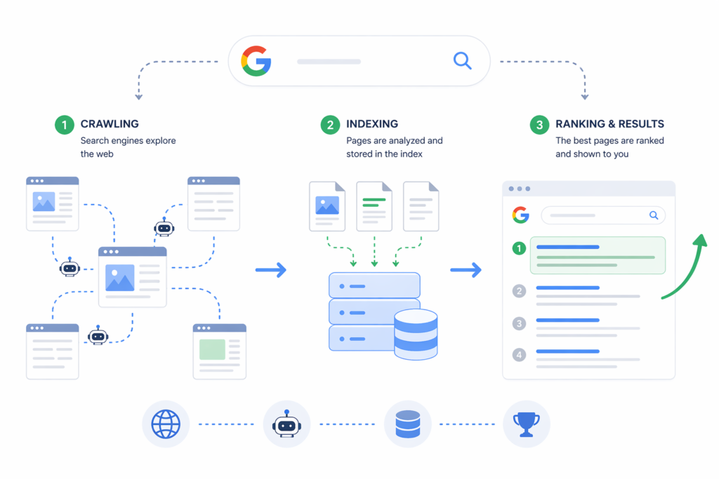 Search engine process illustration showing crawling, indexing, and ranking of web pages