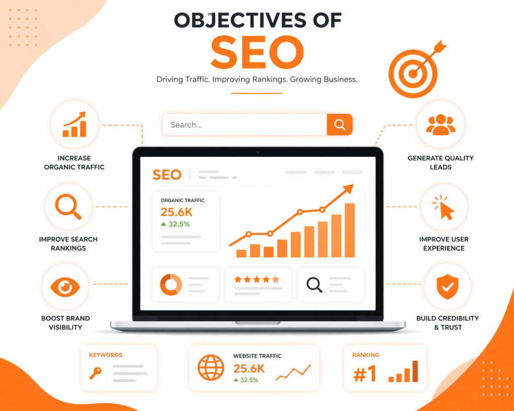 Objectives of SEO that include increasing organic traffic, improving rankings, generating leads, and building credibility